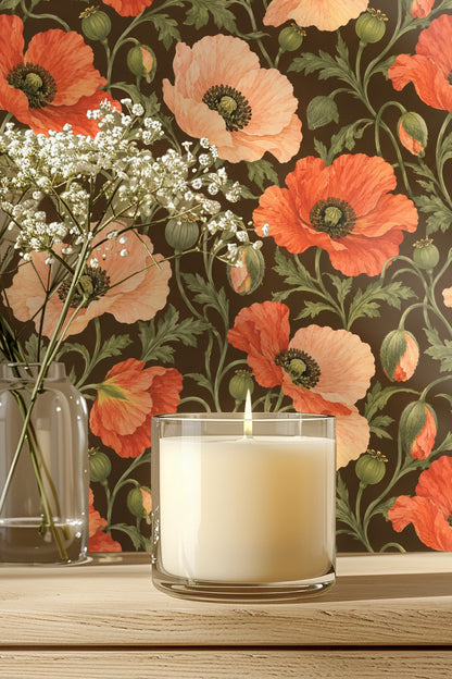 Close-up of wallpaper featuring large coral and peach poppies on mocha background with green stems and seed pods