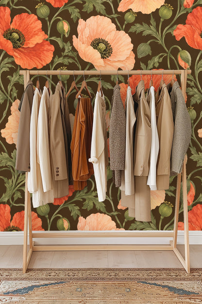 Coral and peach poppies spreading across mocha background, showing layered petals and seed pod textures