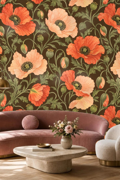 Artistic wallpaper pan showing full poppy blossoms with highlighted veins