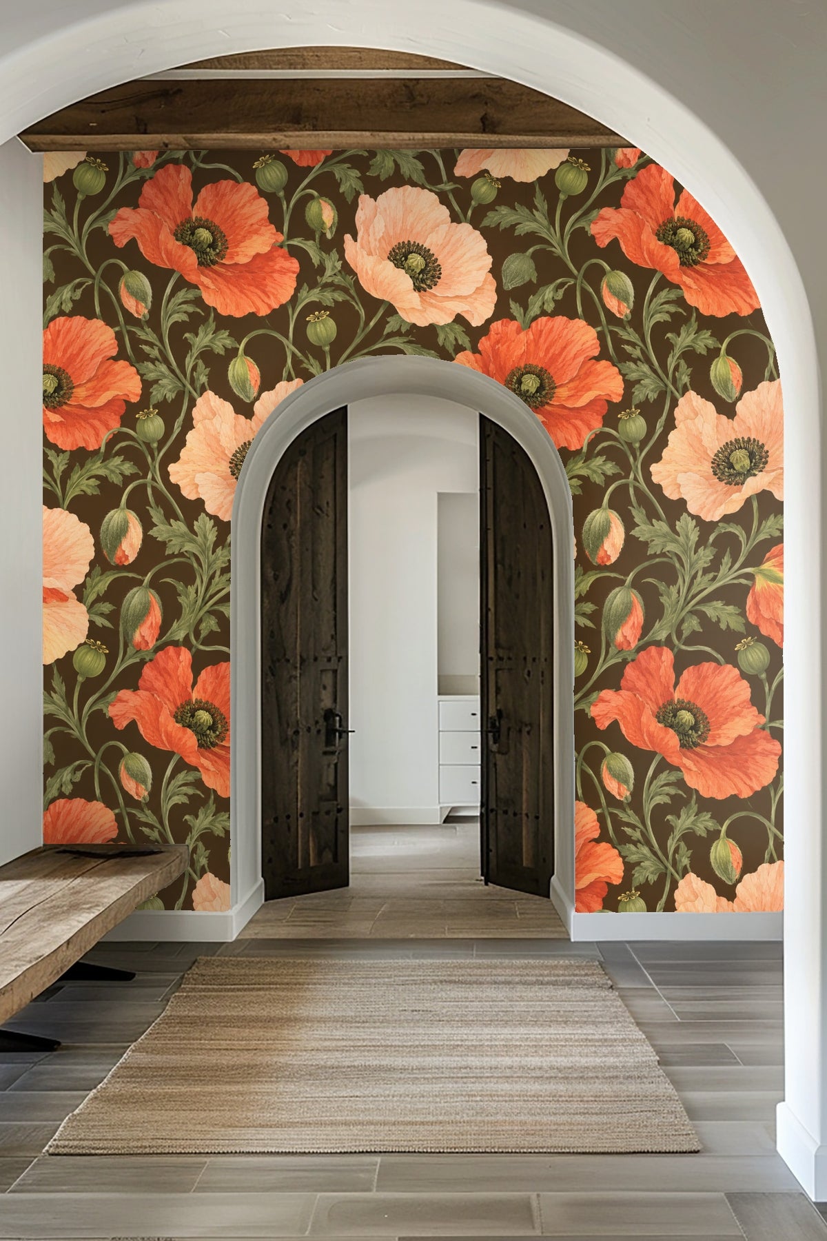 Bathroom wall with poppy wallpaper in mocha, complemented by a gold towel ring and white towel