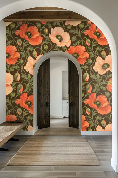 Bathroom wall with poppy wallpaper in mocha, complemented by a gold towel ring and white towel