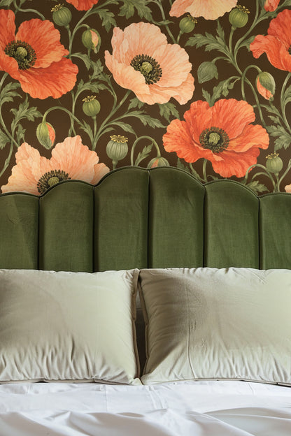 Poppy wallpaper with mocha background and green foliage, detailed bud clusters