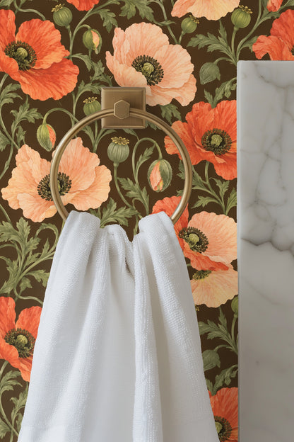 Wallpaper detail showing vivid coral poppies with intricate petals and seed pods