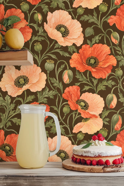 Floral wallpaper in a cozy space with mocha, coral, and peach hues blending naturally