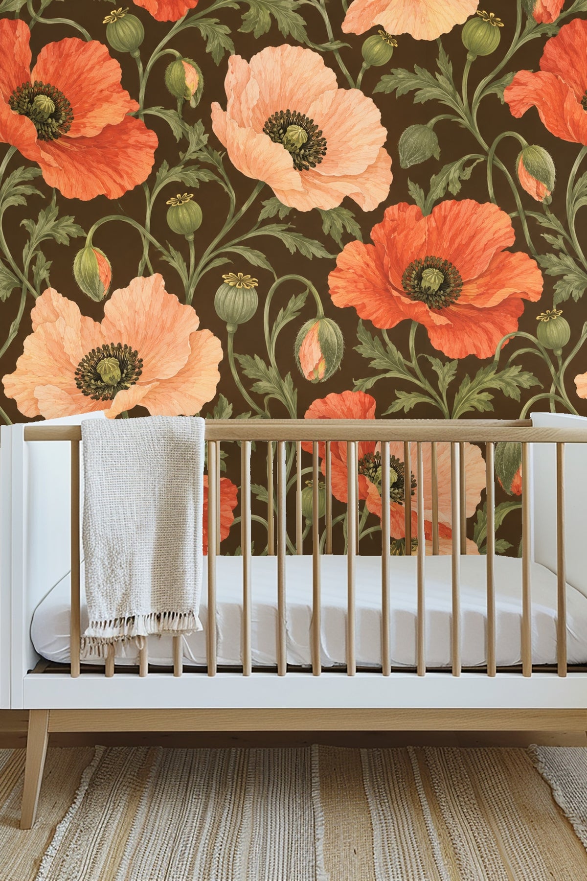 Room corner showcasing wallpaper with bold vintage-inspired poppies in warm tones