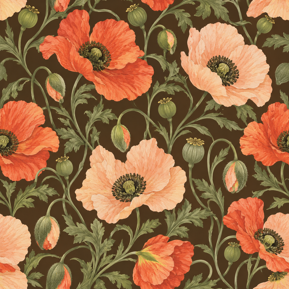 Muted green leaves curling around the vivid poppy flowers on rich mocha ground