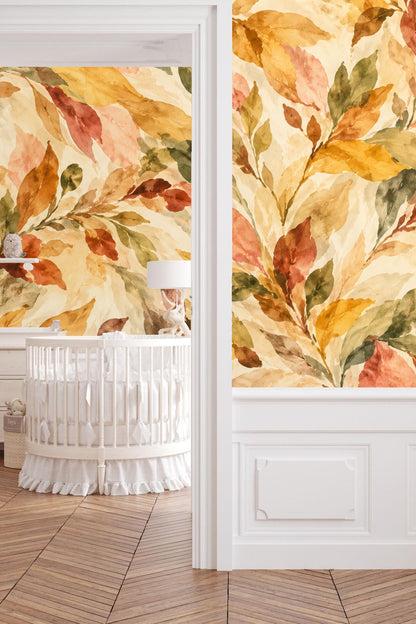 Living room corner with softly textured watercolor leaves wallpaper