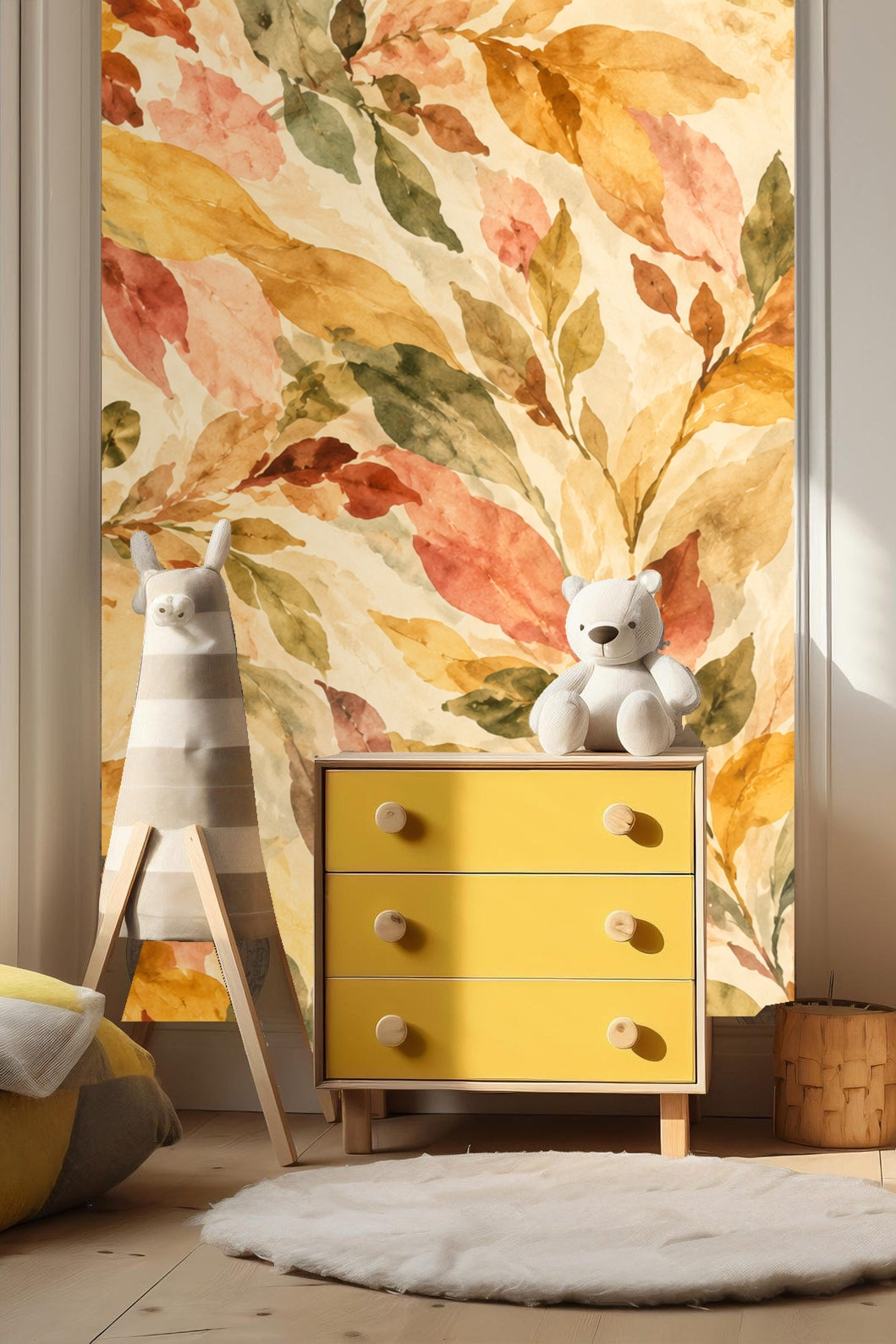 Bedroom with large scale wallpaper behind bed featuring layered watercolor leaves in warm autumn tones