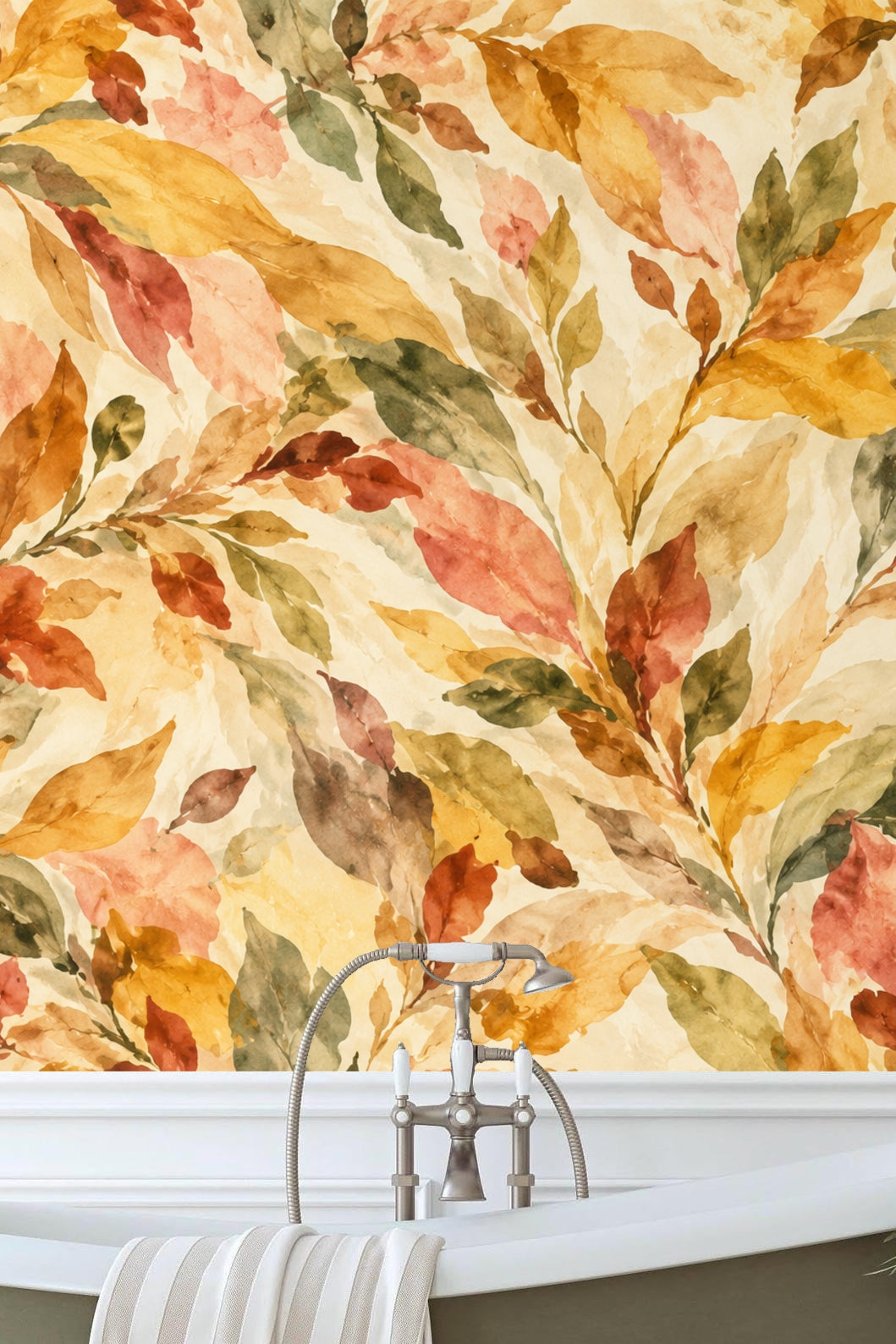 Muted green leaves blending with terracotta in watercolor brushstrokes
