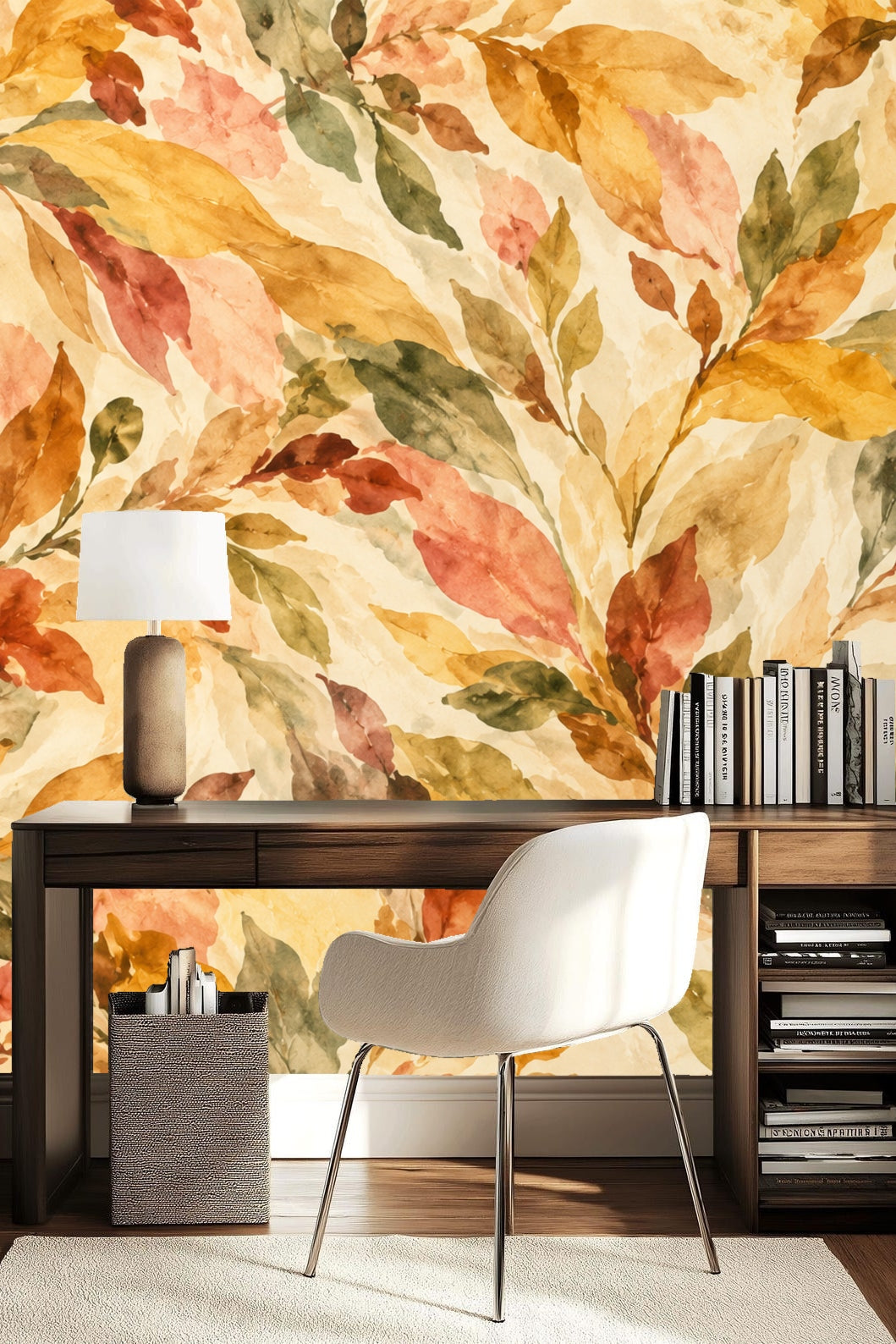 Pattern detail showing overlapping leaves in warm earth tones