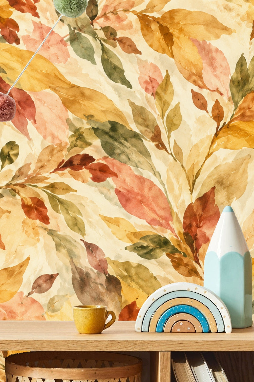 Textural depth created by layered transparent watercolor leaves
