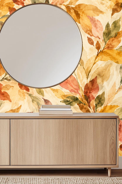 Artistic botanical wallpaper enhancing cozy room with neutral furniture