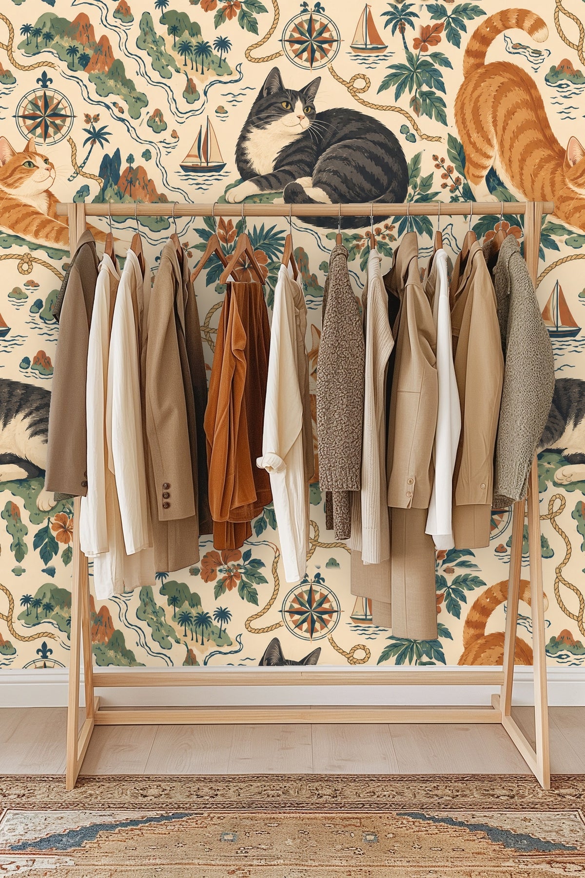 Image of stretching orange tabby cat with tropical flowers and island map motifs on wallpaper