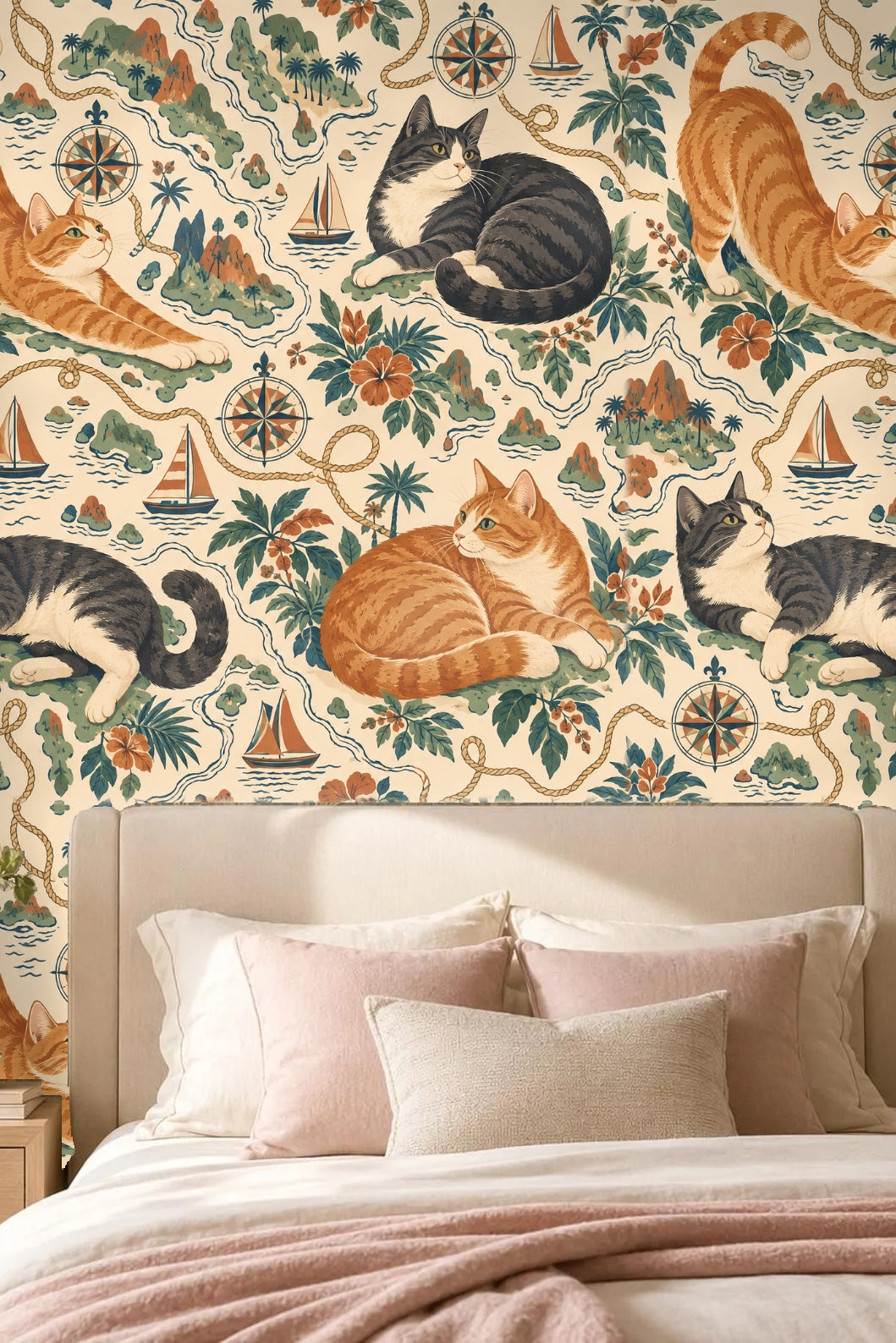 Decorative wallpaper with cats surrounded by tropical leaves, compass roses, and boats