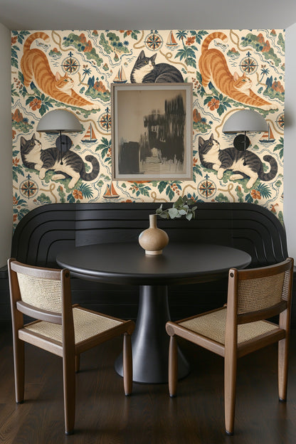 Orange tabby cat and gray tuxedo cat lounging serenely in wallpaper design