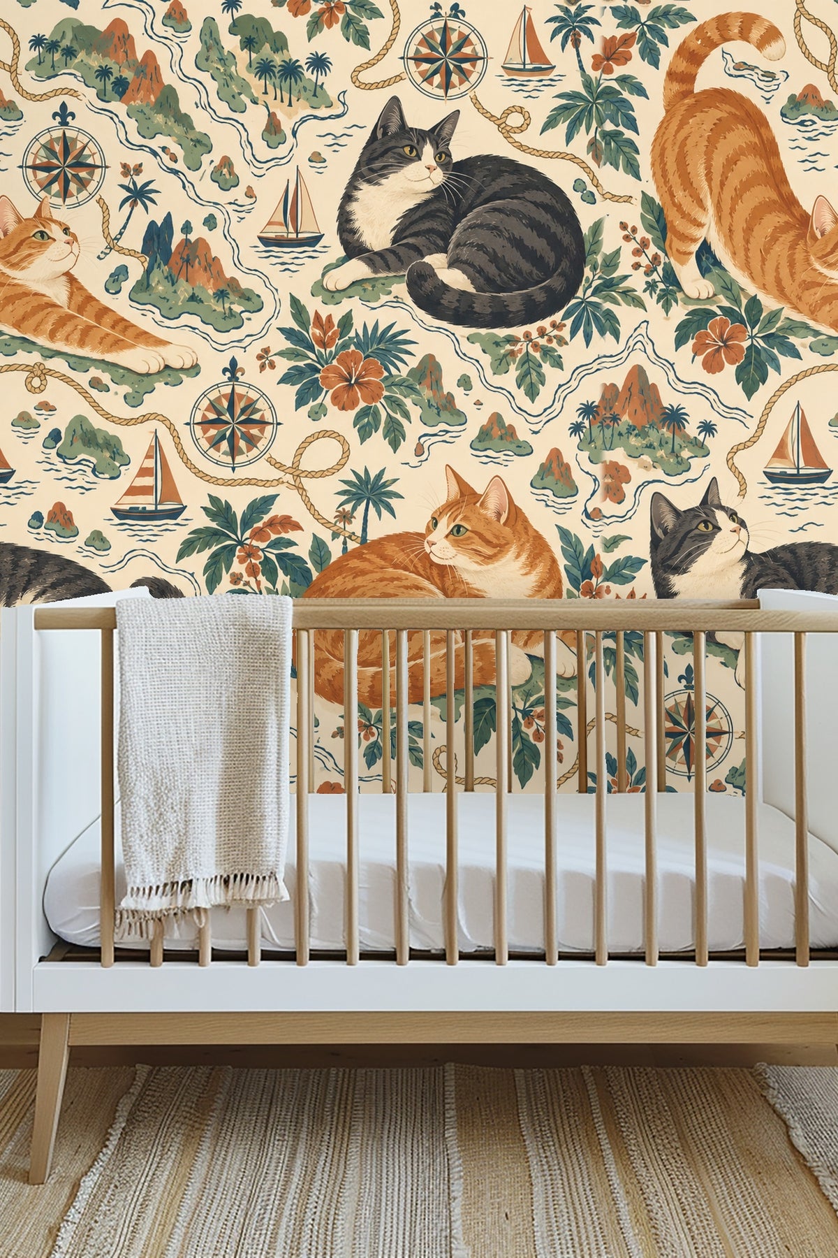Close view of sailboat illustration integrated with feline figures on wallpaper