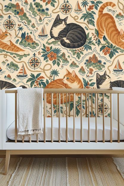 Close view of sailboat illustration integrated with feline figures on wallpaper