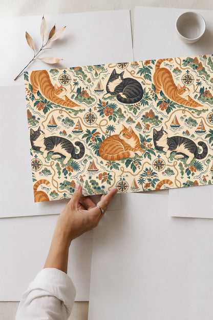 Wallpaper scene including multiple compass roses and sailboats among cats and tropical plants