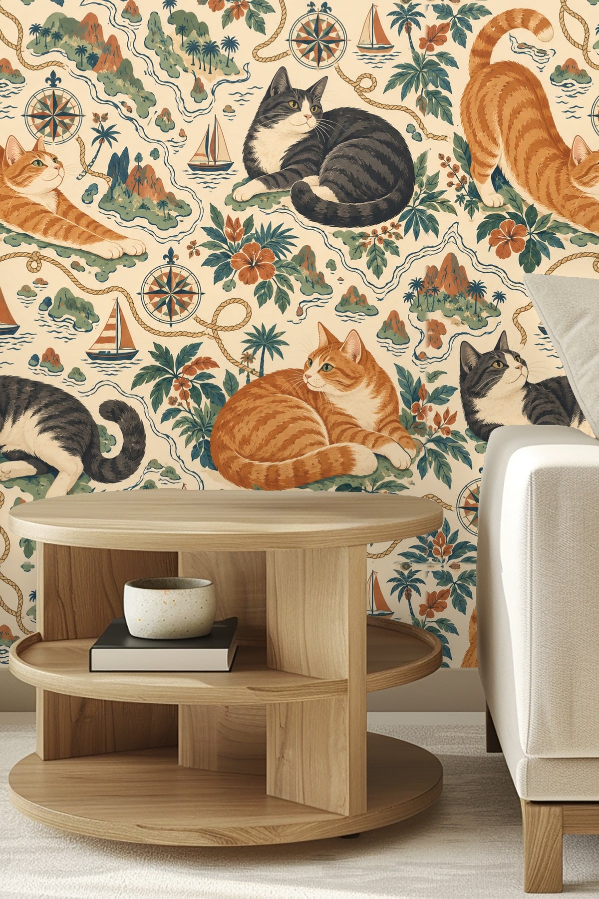 Pattern repeat showing cats in various poses with map elements and floral accents