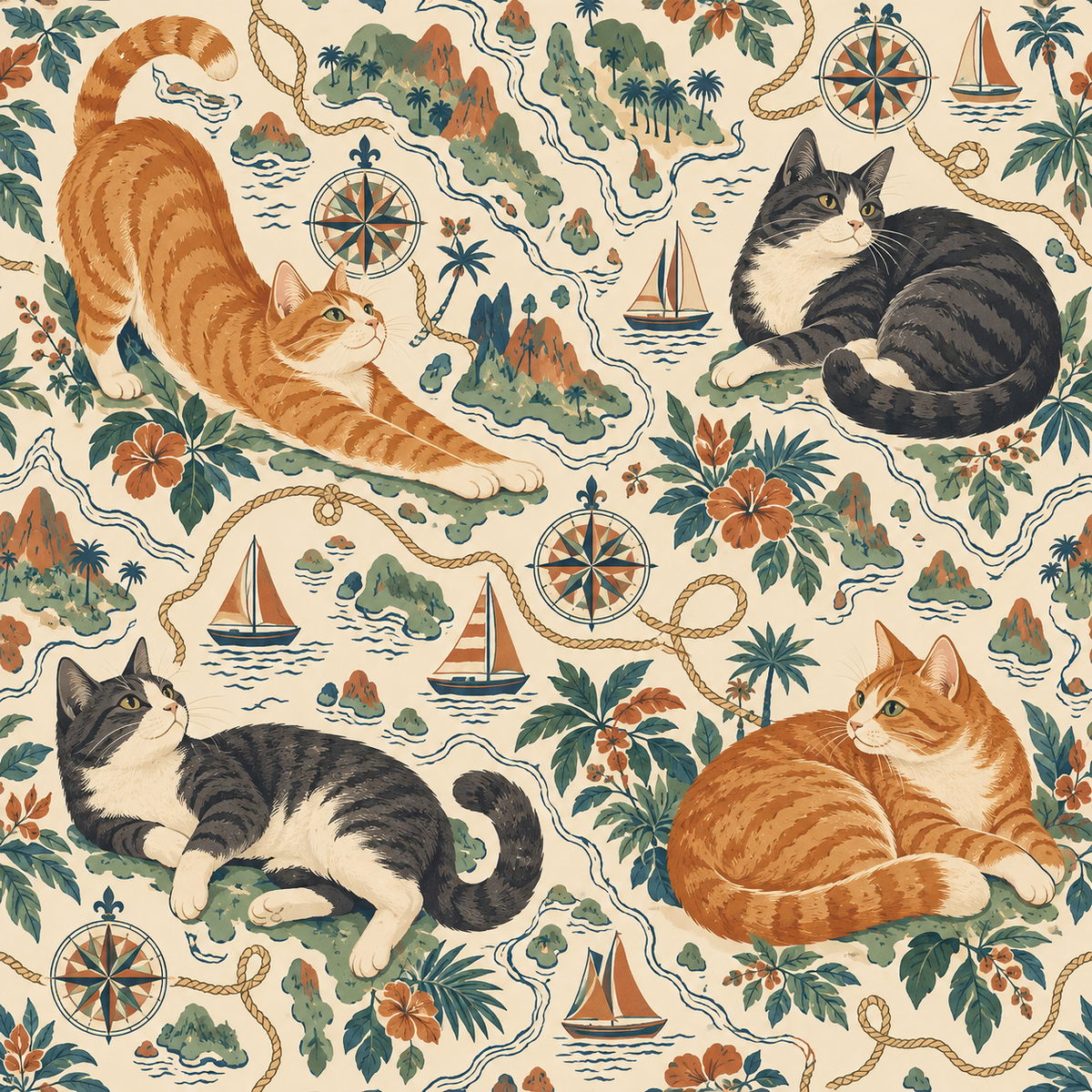 Wallpaper showing playful cats in a lush, nautical vintage map setting