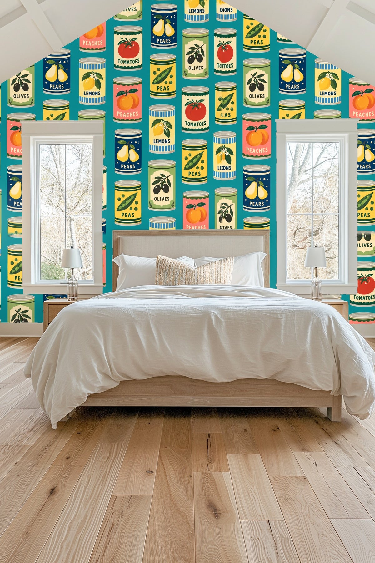 Entryway featuring sideboard and abstract art against Pantry Pop Art wallpaper