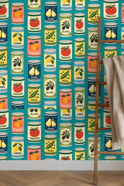 Wallpaper detail of colorful vintage canned fruits and vegetables on teal background