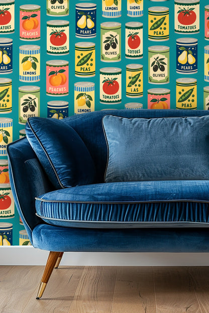 Living room with golden retriever on bed in front of Pantry Pop Art wallpaper