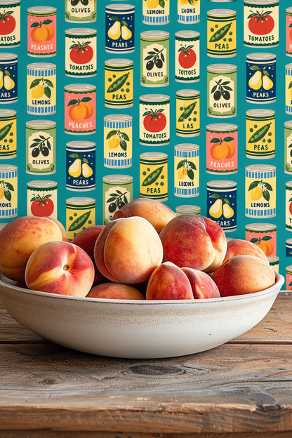 Close-up of canned tomato tin label on wallpaper