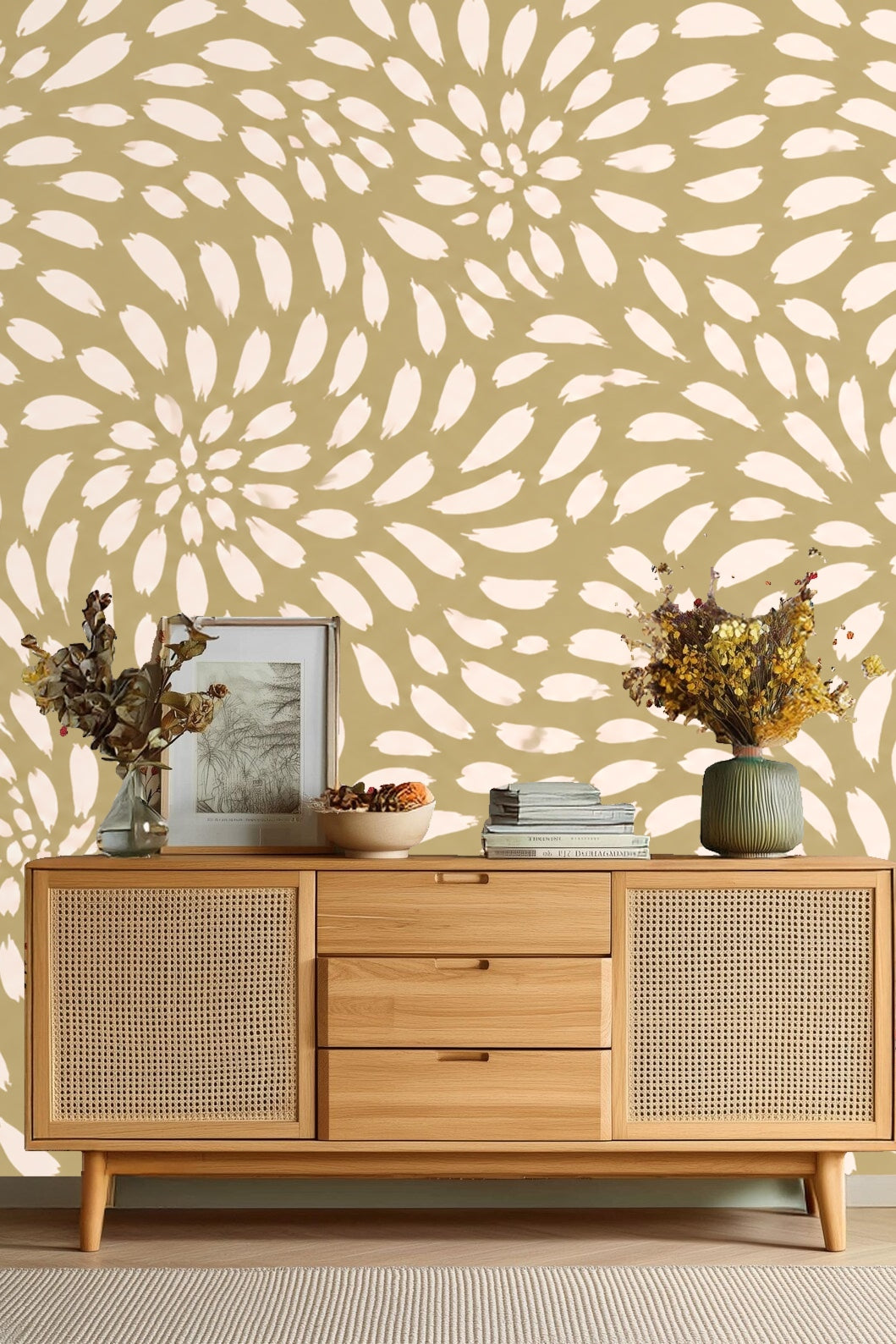 Partial view of wallpaper pattern behind neutral sofa and coffee table
