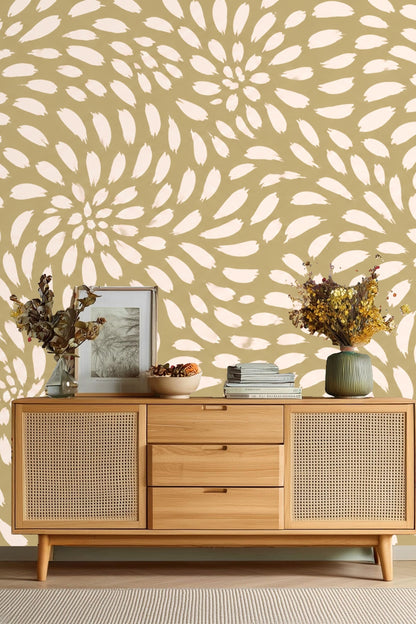 Partial view of wallpaper pattern behind neutral sofa and coffee table