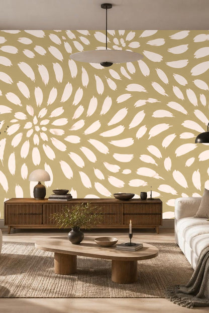 Children's room with taupe and blush petal swirl wallpaper and stuffed octopus toy