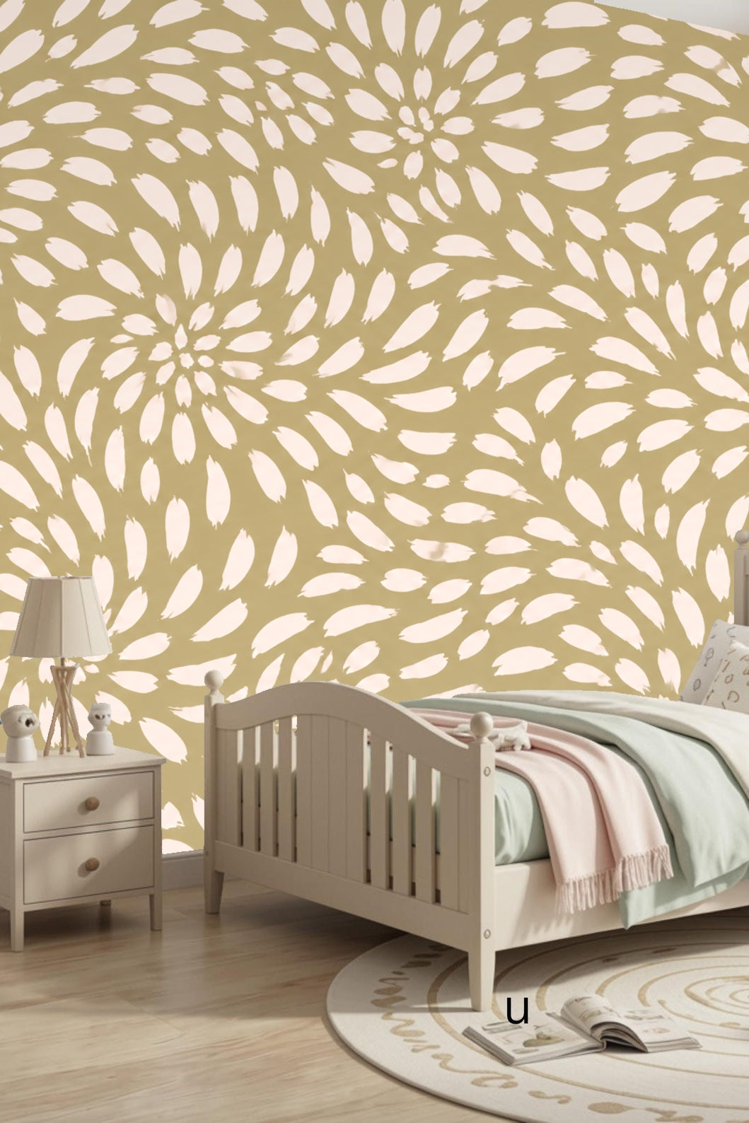 Soft brushstroke petals forming spirals on warm taupe background