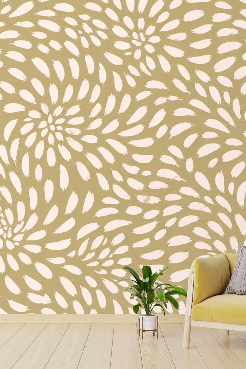 Minimalist living room wall with warm-toned abstract petal design
