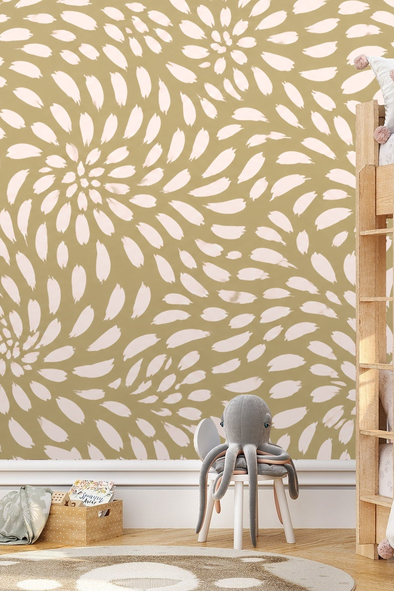 Abstract swirl of blush petals on taupe wallpaper close-up