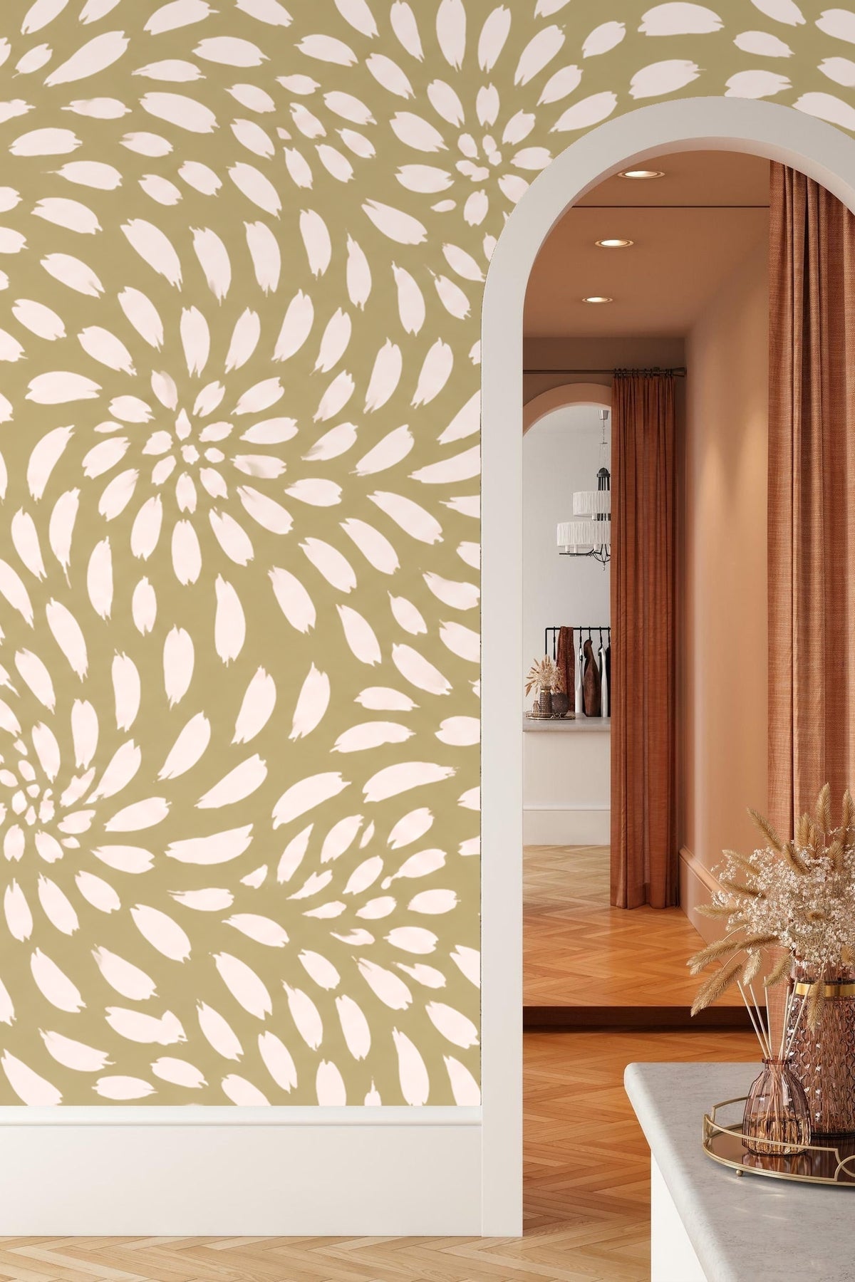 Living room scene showing wide wall covered in abstract floral swirl wallpaper