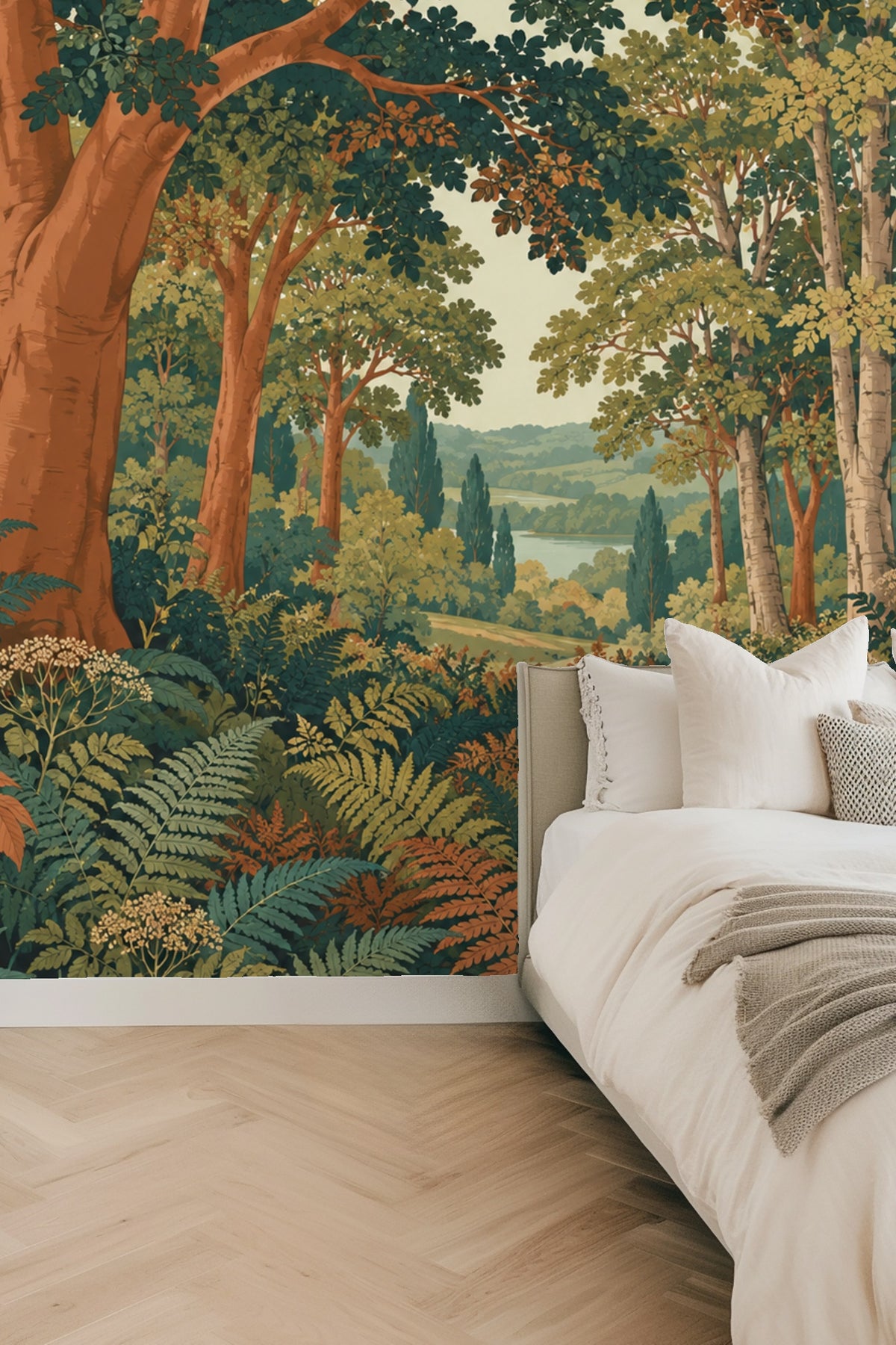 Wide-angle shot capturing the full scope of the wallpaper mural in a spacious room.
