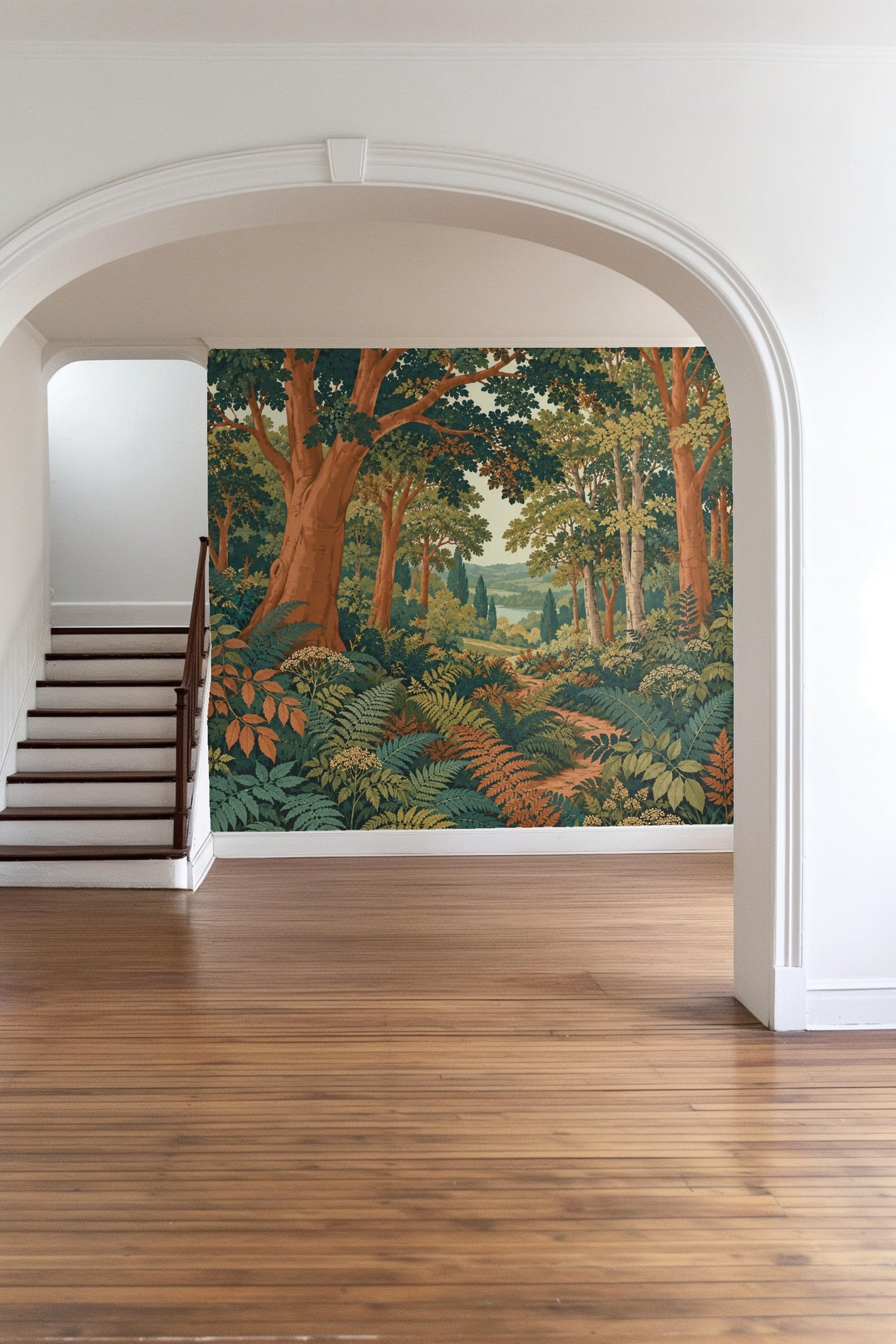 Artistic portrayal of a tranquil natural pathway with a layered mix of forest plants.