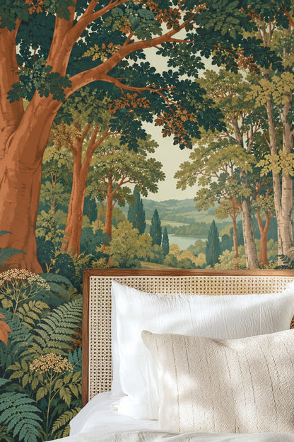 The calming color palette of rust, green, and ochre leaves as depicted in the wallpaper art.