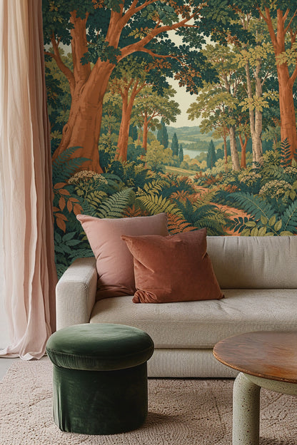 Living room scene with wallpaper art, beige sofa, green velvet ottoman, and pink-toned cushions and curtains.