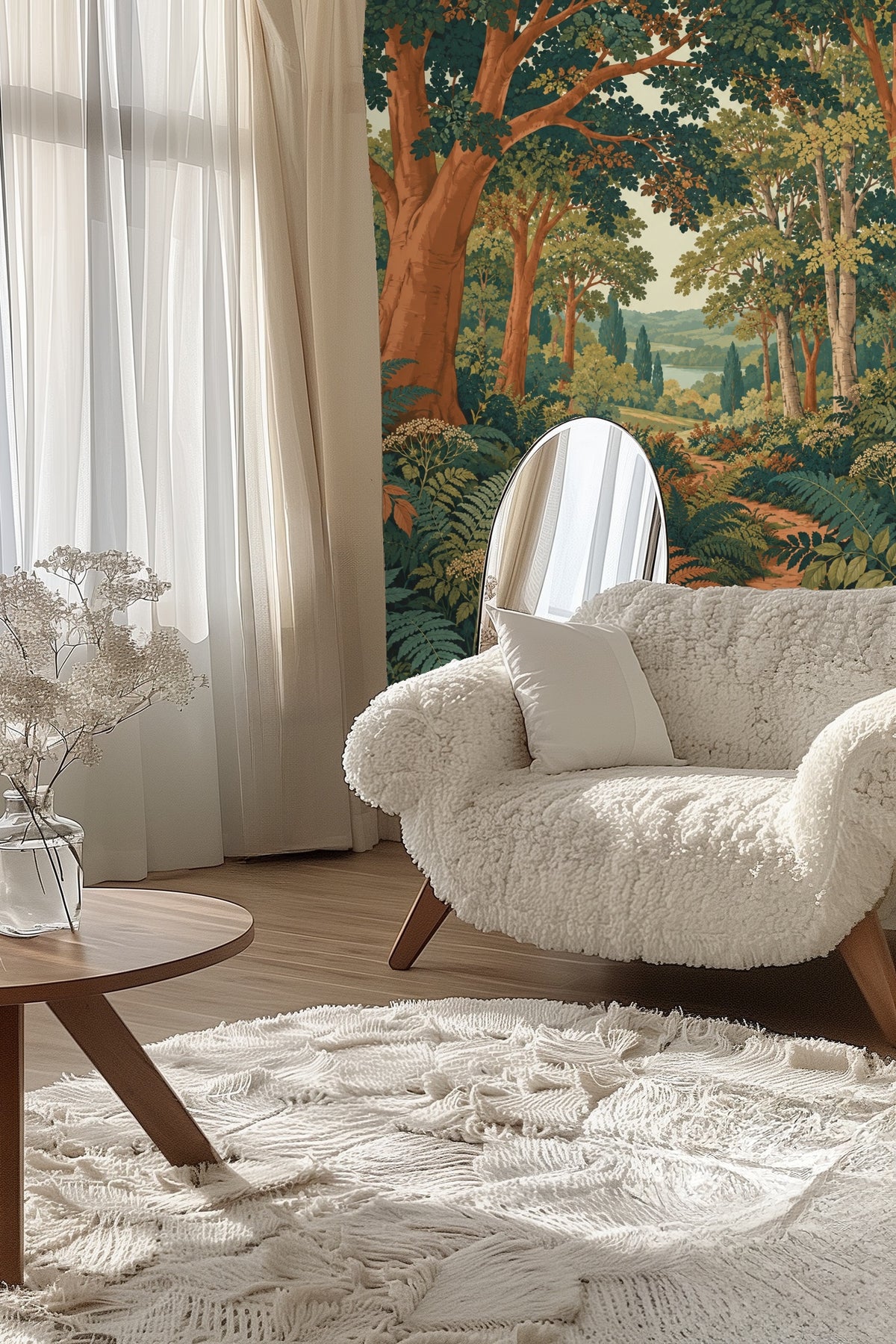 Wallpaper displayed in soft natural light emphasizing the layers of foliage and trees.