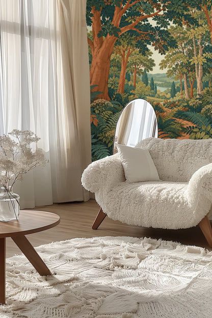 Wallpaper displayed in soft natural light emphasizing the layers of foliage and trees.