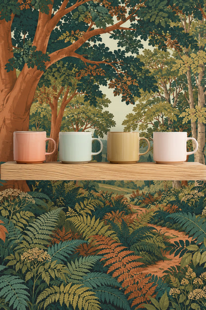 Close-up of the wallpaper detailing tree trunks and leafy canopy with ferns in the foreground.