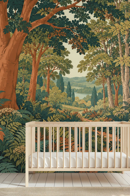 Wallpaper shown behind a peach-colored curved headboard with white pillows in a bedroom setting.