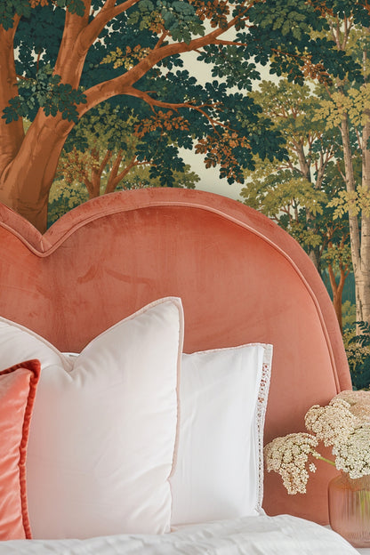 Detailed view of wallpaper artwork featuring a forest pathway with copper-toned tree bark and lush green foliage.