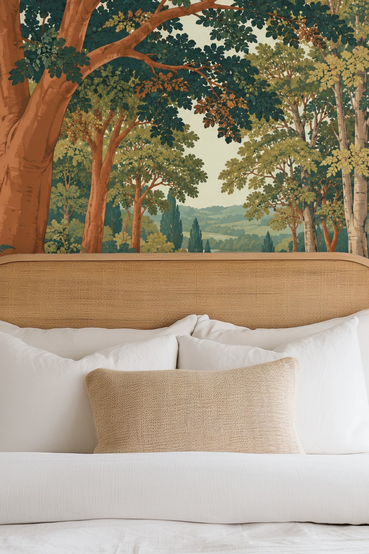 Side view of wallpaper showing depth and scale of the woodland scene with undergrowth and distant hills.