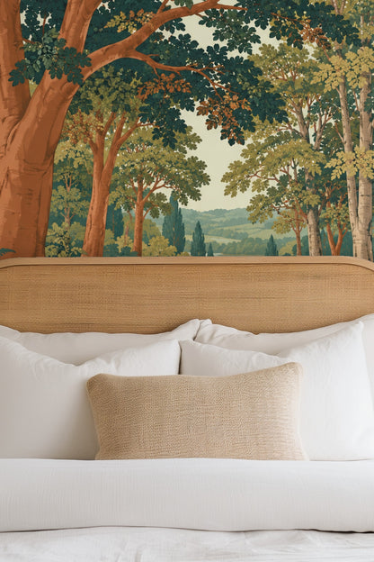 Side view of wallpaper showing depth and scale of the woodland scene with undergrowth and distant hills.