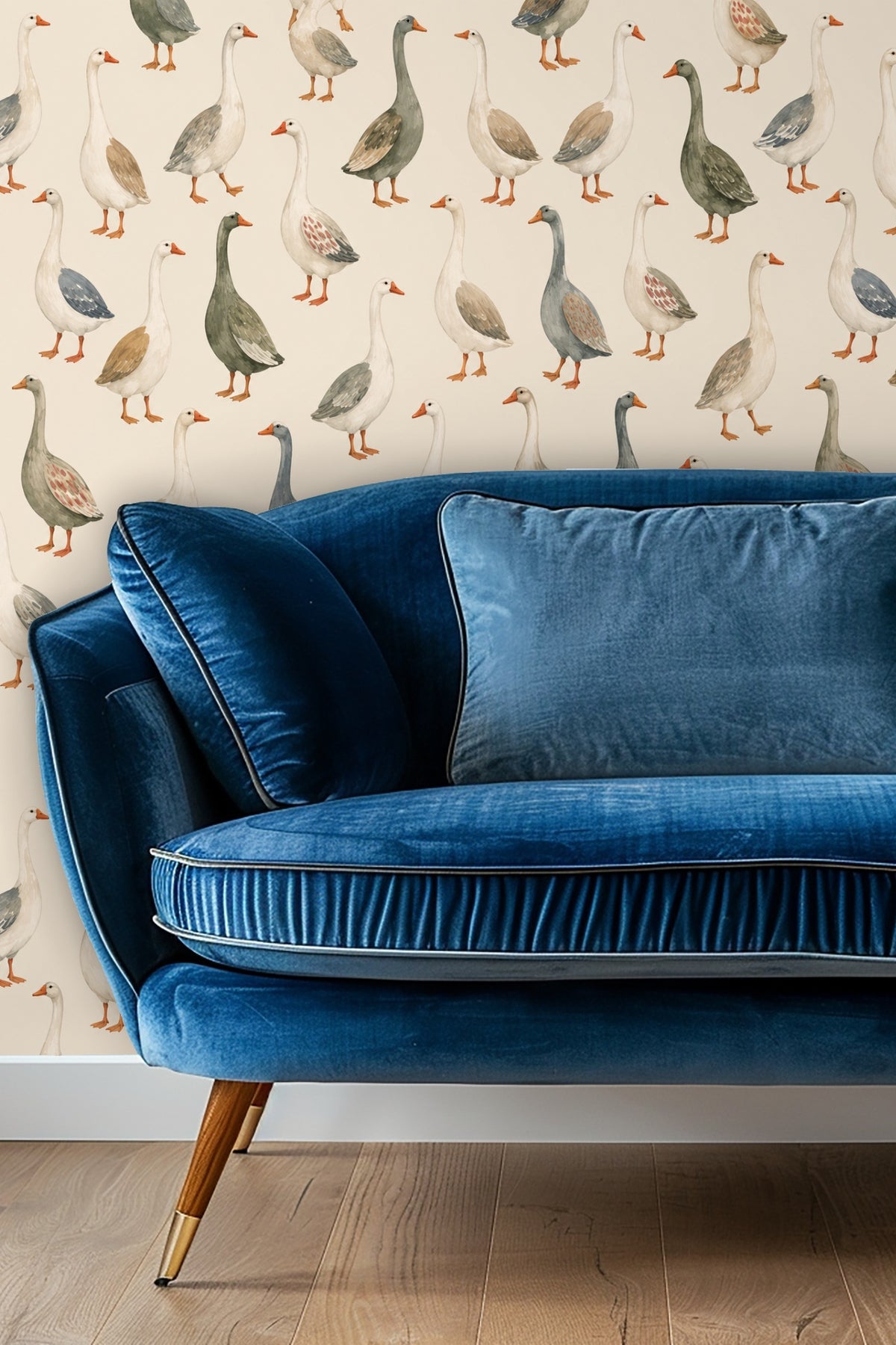 Nursery wall with gathered geese wallpaper behind a light wood crib and cream throw blanket