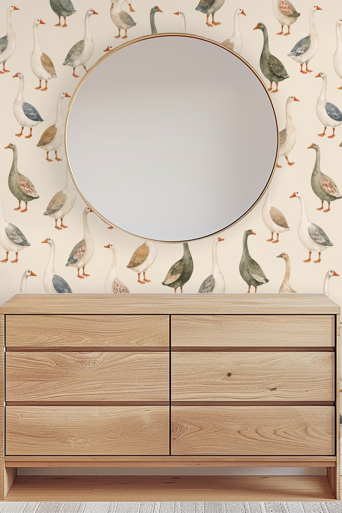 Wallpaper design featuring playful, muted geese in a classic layout