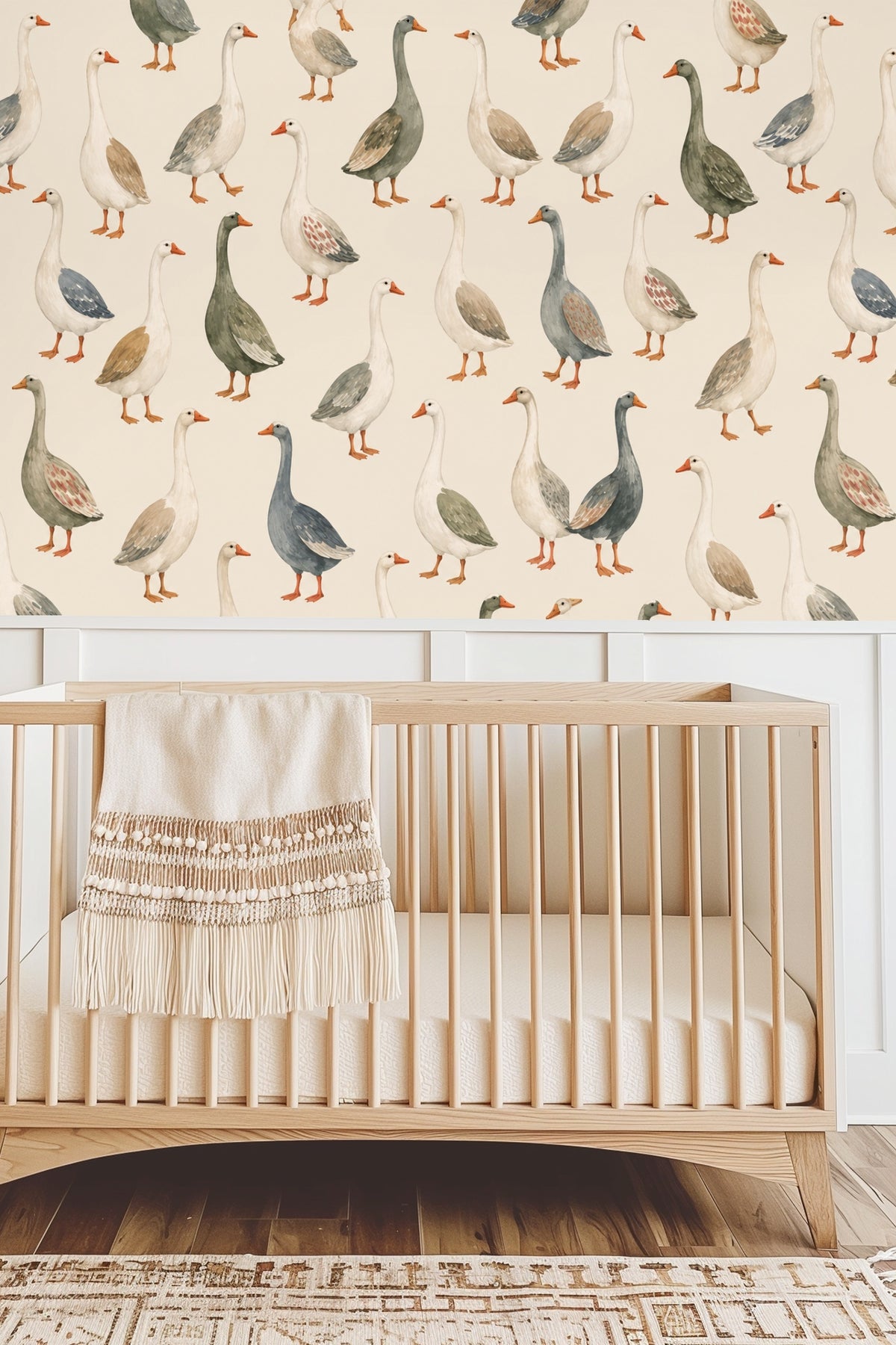 Wallpaper pattern showing painted geese in soft natural colors on beige background