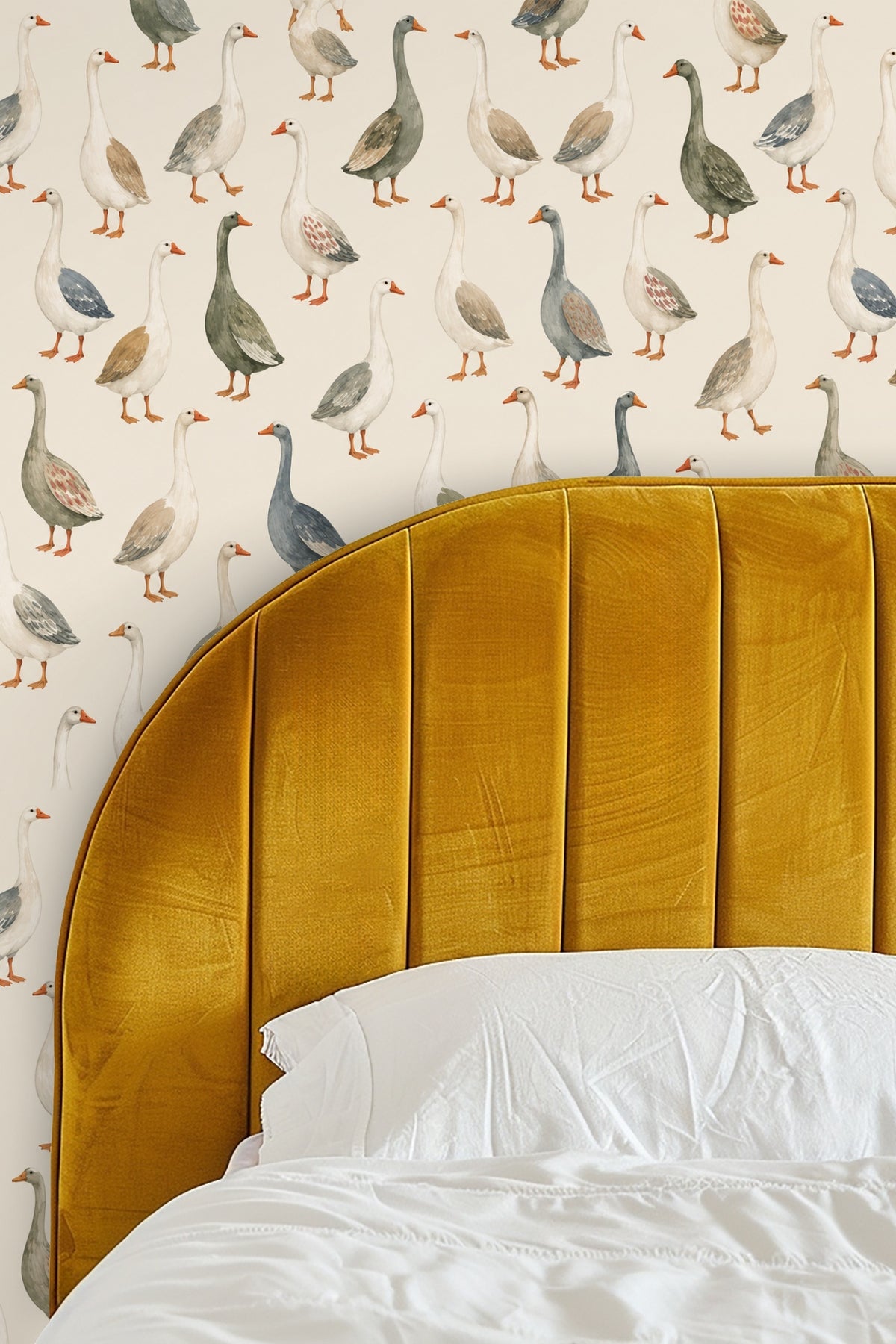 Close-up detail of individual geese motif in muted beige and gray tones